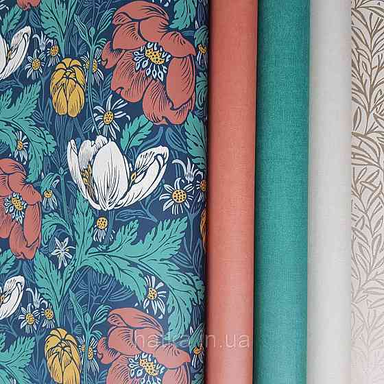 Обои флизелиновые экологически чистые Rasch Salisbury 0.53х10 цветы яркие красные желтые белые на темно синем Киев