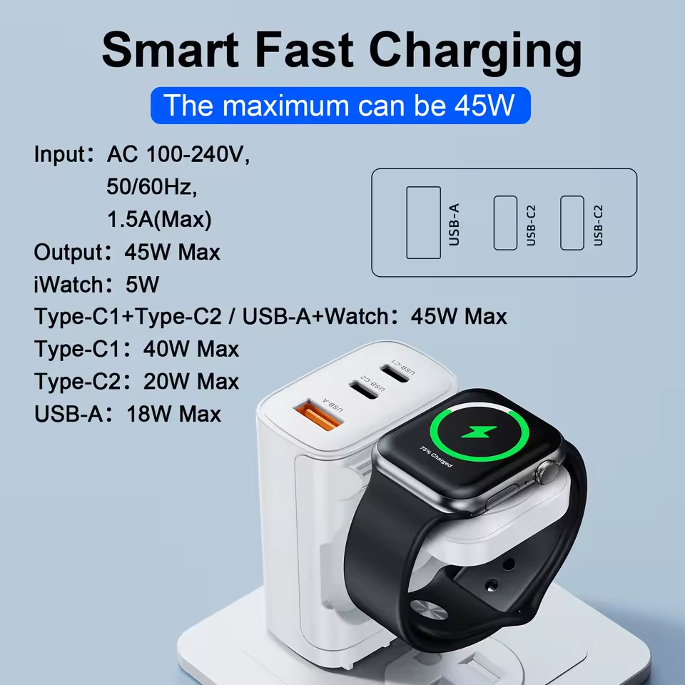 Зарядний пристрій Oatsbasf 4-в-1 GaN 45 Вт, 2×USB-C + USB-A, магнітна бездротова зарядка для Apple Watch Київ - фото 6