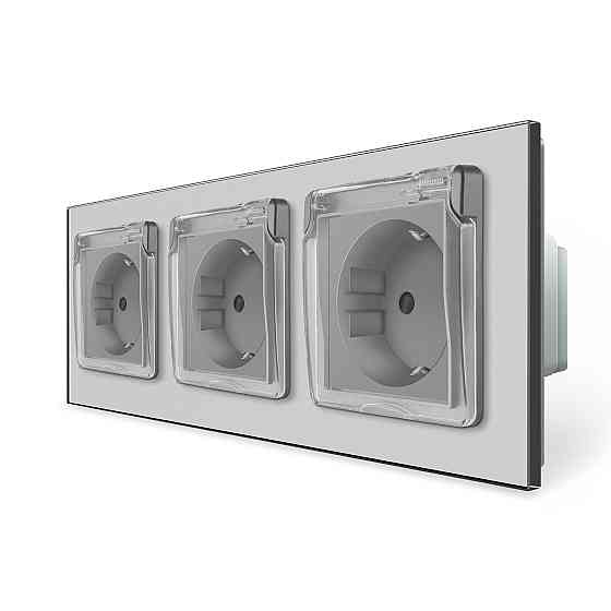 Потрійна електрична розетка вологозахисна з кришкою IP44 з заземленням, LIVOLO, сіра, скляна рамка, шторки, 250В 16А (VL-C7C3EUWF-15) Коломыя