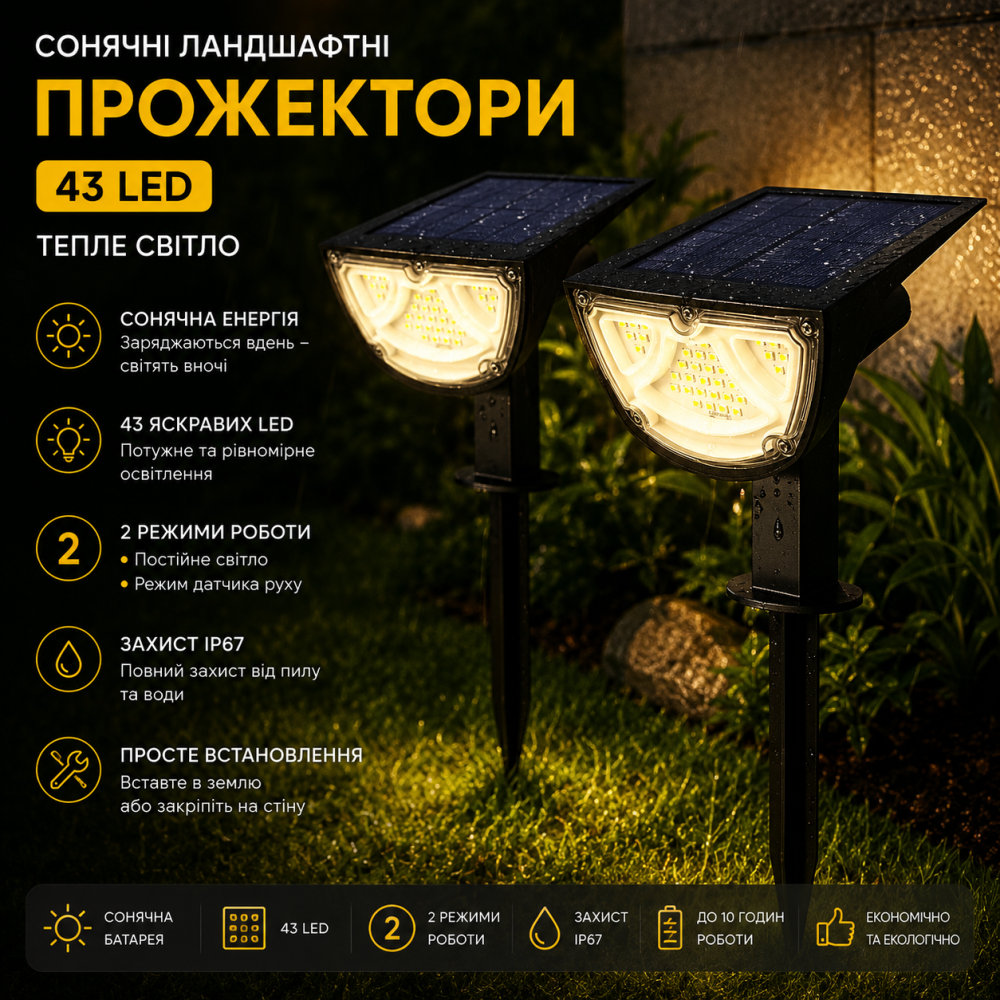 Сонячні ландшафтні прожектори 43 LED: тепле світло 3000К, IP67, 2 режими роботи, автономне вуличне освітлення саду (Уцінка) Київ - фото 7
