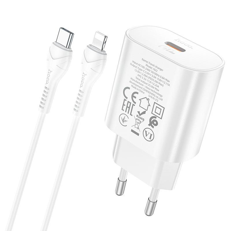 Мережевий зарядний пристрій з кабелем HOCO N22 Jetta PD25W charger set (Type-C to iP)(EU) White Одеса - фото 6