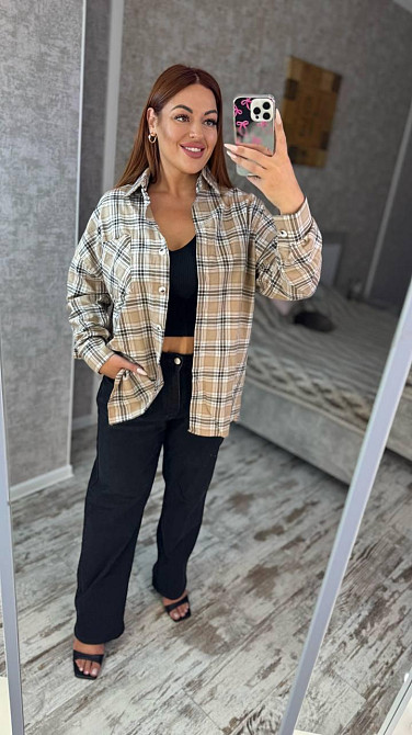 Женская оверсайз рубашка в клетку турецкая фланель Беж 2, 50/56 Одесса - изображение 7