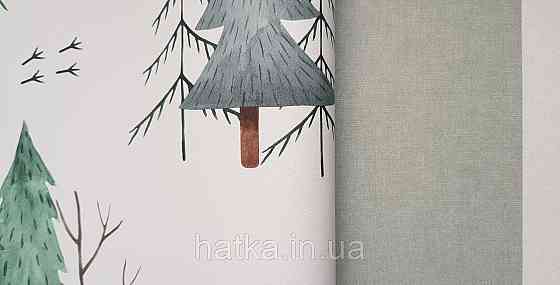 Шпалери флізелінові екологічно чисті Rasch Kids World 0.53х10 дитячі ялинки гілки зелені сірі на білому Київ