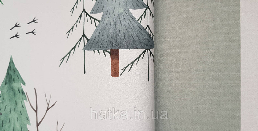 Шпалери флізелінові екологічно чисті Rasch Kids World 0.53х10 дитячі ялинки гілки зелені сірі на білому Київ - фото 5