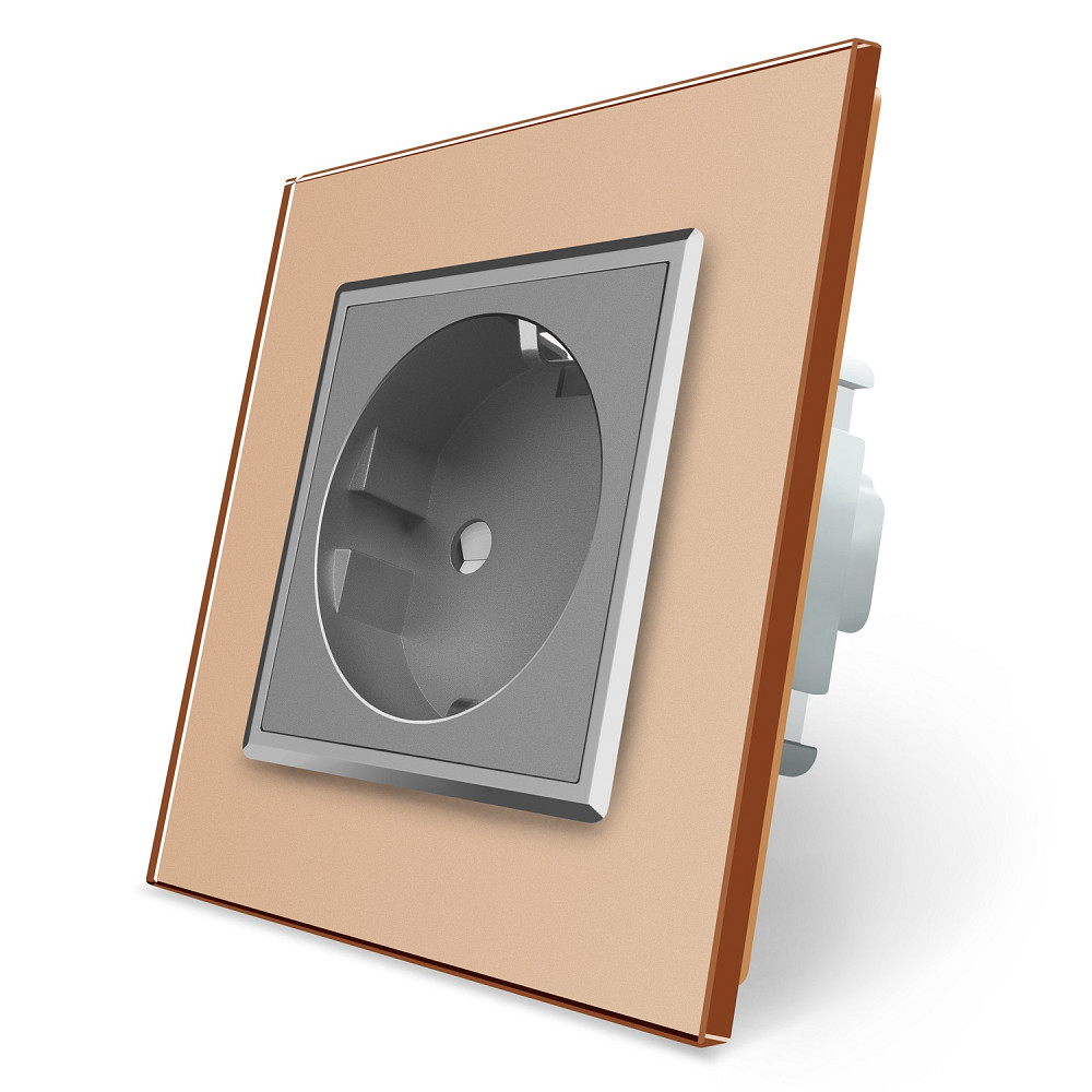 LIVOLO Електрична розетка з заземленням LIVOLO, сіра з золотою рамкою, шторки, скло, 250В 16А ( Коломия - фото 3