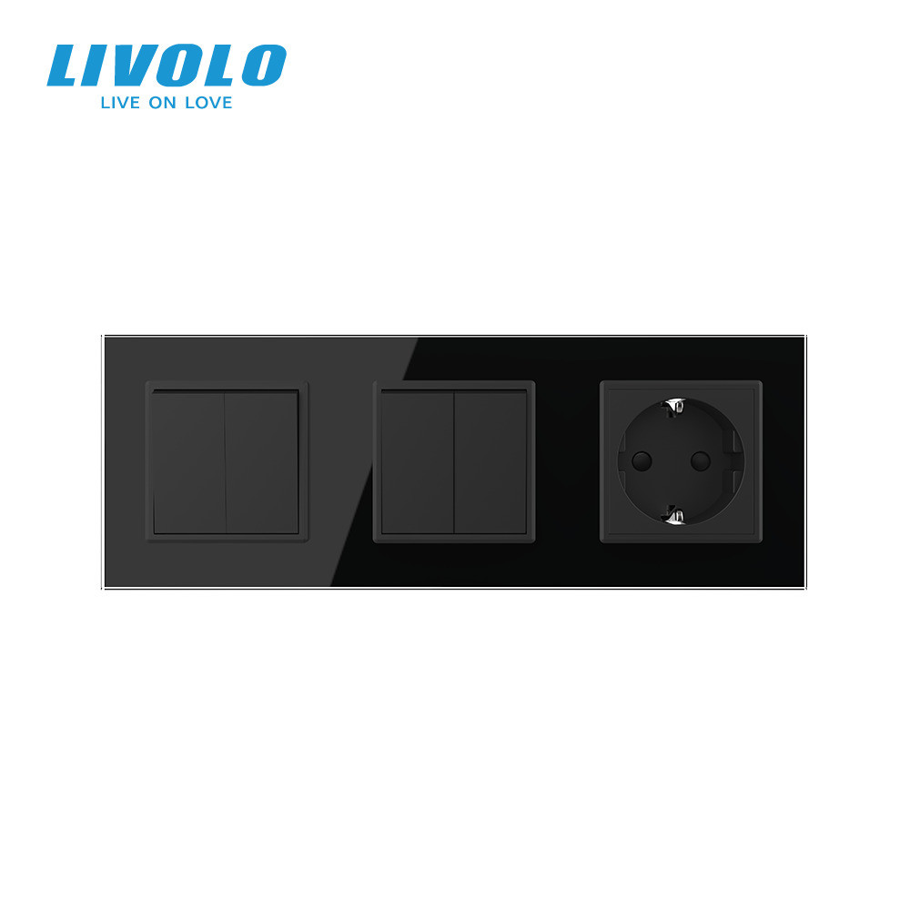 LIVOLO Чотирьохклавішний вимикач (2-2) з розеткою Livolo чорний скло (VL-C7K2/K2/FCTC16A-6BP) Коломия - фото 3