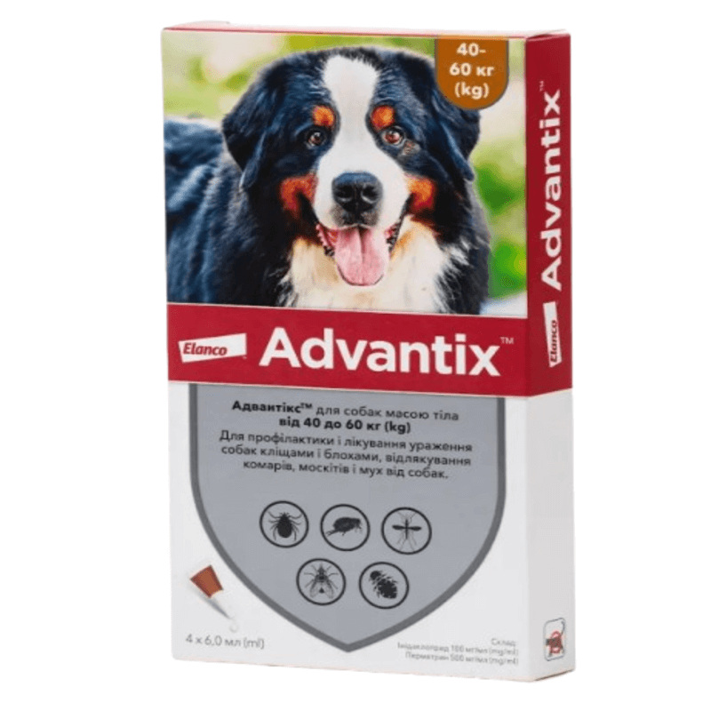 Краплі від бліх і кліщів Elanco Advantix для собак вагою 40-60 кг, пакунок 4 піпетки Київ - фото 1