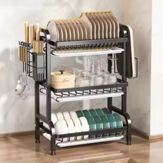 Сушарка для посуду Bowl Rack 3-рівнева 56×24×43 см, металева з пластиковим піддоном та тримачем Одеса