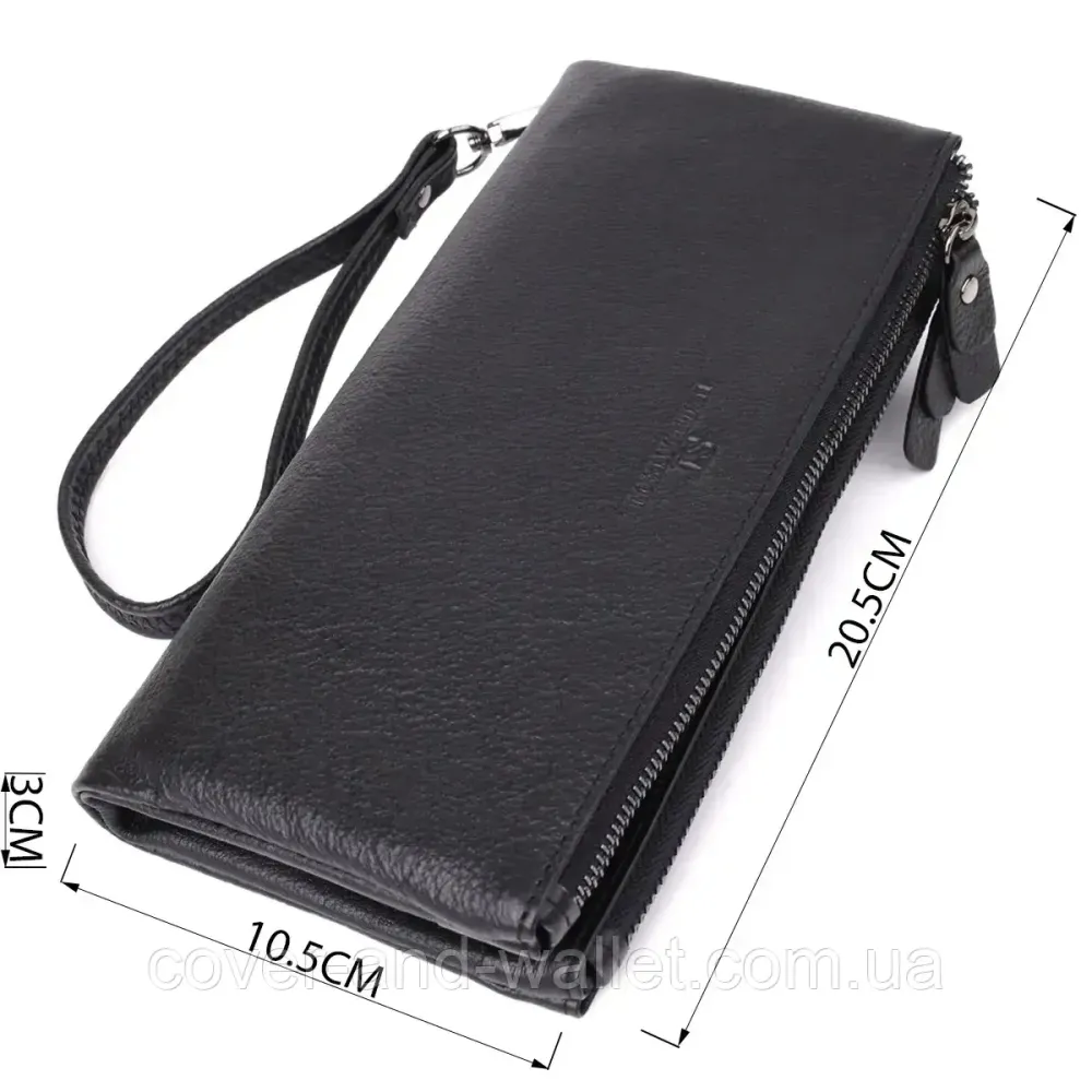 Чорний шкіряний гаманець-клатч на три відділення з ремінцем на зап'ясті ST Leather Київ - фото 4