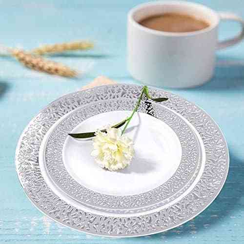 Набор тарелок пластиковых круглые 12 шт, десертные 19 см и обеденные 26 см,белые с серебристым узором Каменец-Подольский