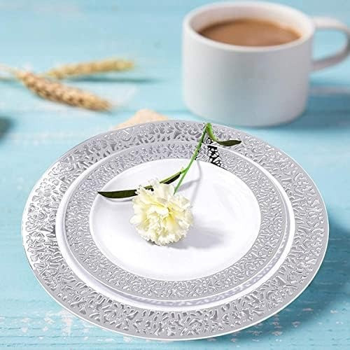 Набір тарілок пластикових круглі 12 шт, десертні 19 см і обідні 26 см, білі зі сріблястим візерунком Кам'янець-Подільський - фото 6