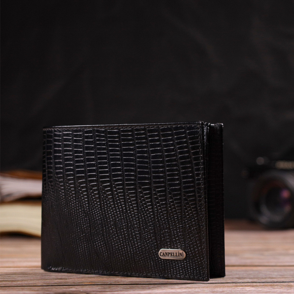 Практичний чоловічий портмоне з натуральної фактурної шкіри Чорний (CANPELLINI) Київ - фото 2