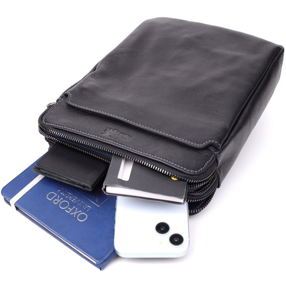 Стильная мужская сумка через плечо из мелкозернистой натуральной кожи Shvigel 20869_1 Черный Киев - изображение 8