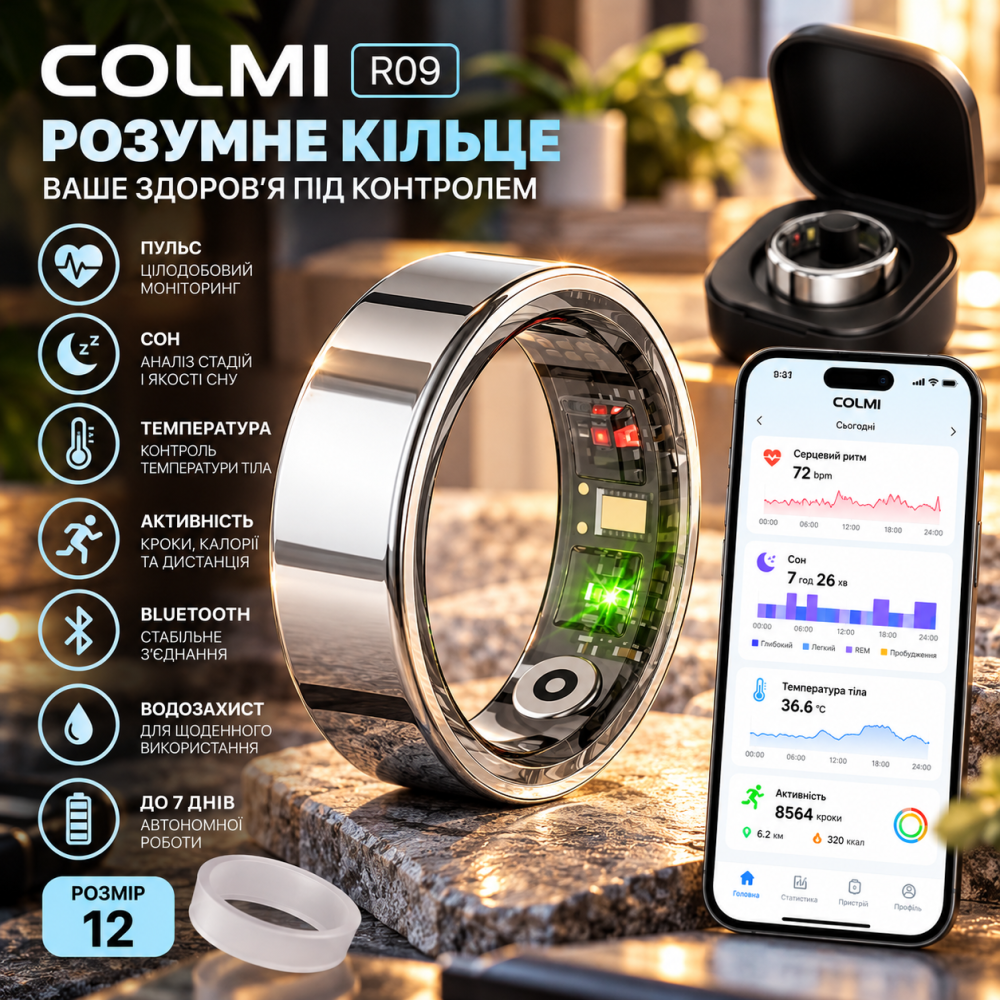 Розумне кільце COLMI R09 Smart Ring, розмір 12, Bluetooth, пульс, моніторинг сну, температури та активності, сріблясте Київ - фото 1