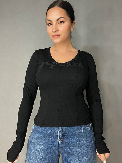 Лонгслів жіночий A-N 25079 рубчик реглан v-виріз з написом принт корсетні шви one size, чорний, one size Київ - фото 9