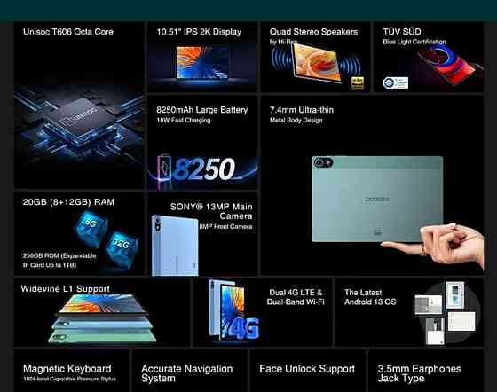 Планшет: Doogee T10 PLUS .20Gb. (8+12) /256Gb. 2K, 8250Ma. Dual SIM LTD.Квадро звук! Киев