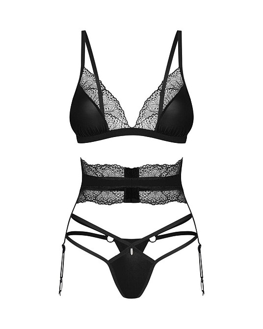 Комплект Obsessive Lobellis 3-pcs set, M/L, черный, лиф с мягкой чашкой, стринги, пояс для чулок Sex Aura Киев - изображение 3