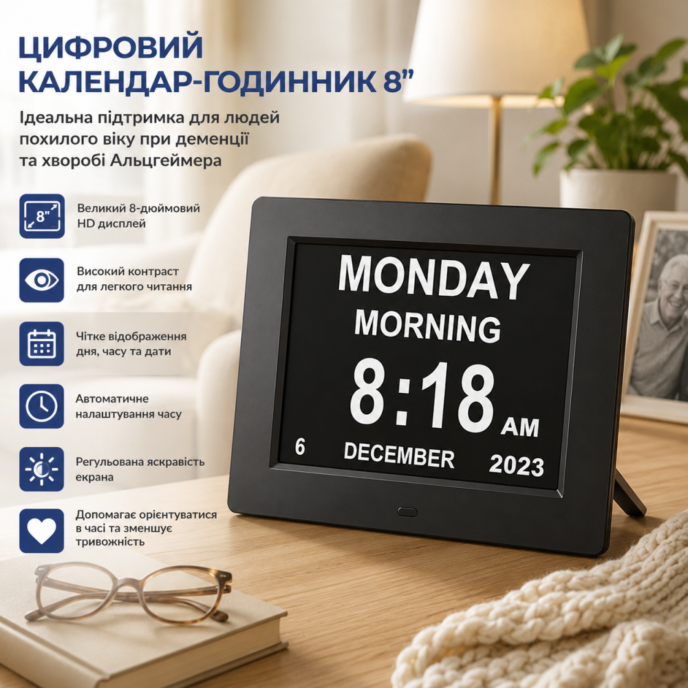 Цифровий календар-годинник Johnziny 8": великий дисплей для людей похилого віку, допомога при деменції та хворобі Альцгеймера Київ - фото 9