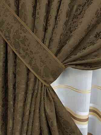 Комплект штор VR-Textil Льон Мармур 200х270 2шт і Тюль 600х270 1261ш-1579т Коричневий з молочним 71-161/7 Київ