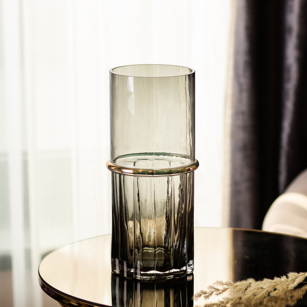 Декоративная ваза для цветов из серого стекла с золотым ободком 25 см HP-1704 Киев - изображение 3