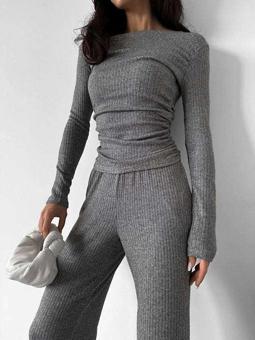 Женский базовый костюм двойка: лонгслив и брюки ангора рубчик Серый, 42/44 Одесса - изображение 1