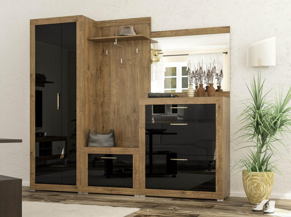 Модульний передпокій Парма з шафою та дзеркалом (комплект 226 см) Mebelservice Дуб Апріл, Чорний глянець Львів - фото 1