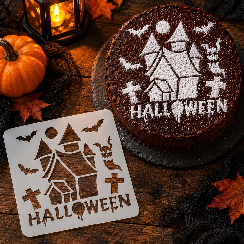 Трафарет для торта на Хелловін Замок із кажанами та написом Halloween кондитерський шаблон для декору випічки Київ - фото 2