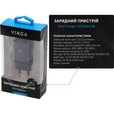 Зарядное устройство Vinga USB-C PD30W + USB-A QC30W Display 33W Max (VCR30ACDB) Винница