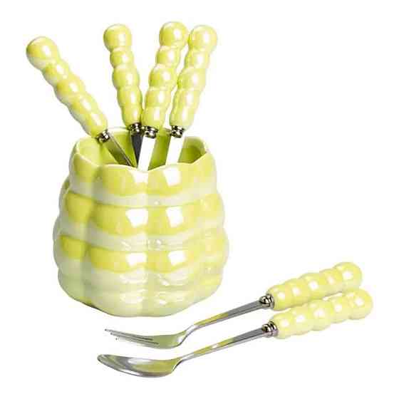 Набор десертных вилок и ложек на 3 персоны с подставкой из фарфора 7 предметов Зеленый HP-20-58 Киев