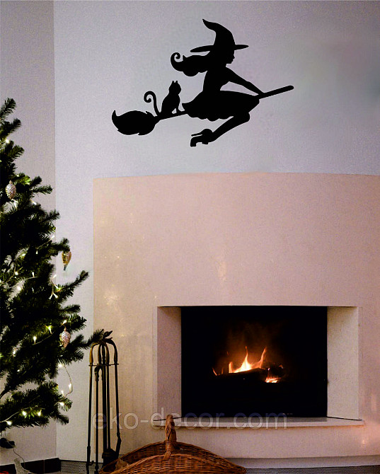 Декоративное настенное Панно «Ведьма на метле с котом», Декор на стену 110*77 см, Черный Киев - изображение 7