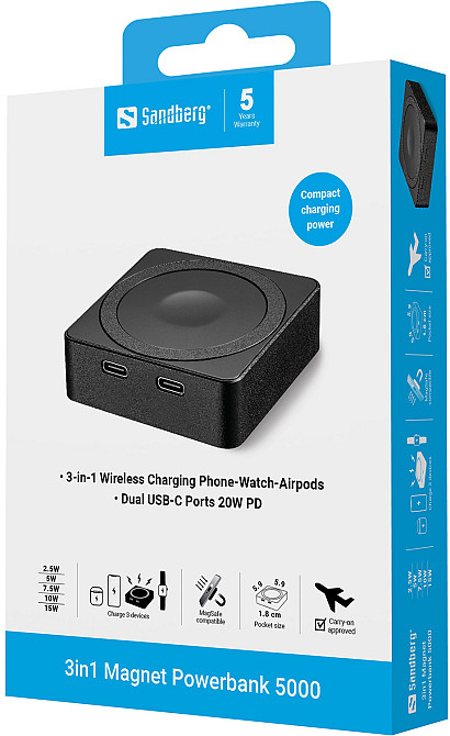 УМБ Sandberg Magnetic Wireless 5000mAh 20W PD, 2xUSB-C, QI-15W for Apple watch and Airpods Винница - изображение 9