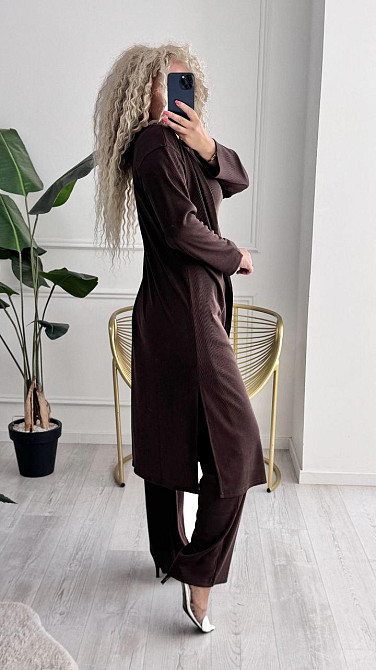 Женский базовый прогулочный костюм тройка: кардиган футболка и штаны трикотажный рубчик Шоколад, 42/44 Одесса - изображение 8