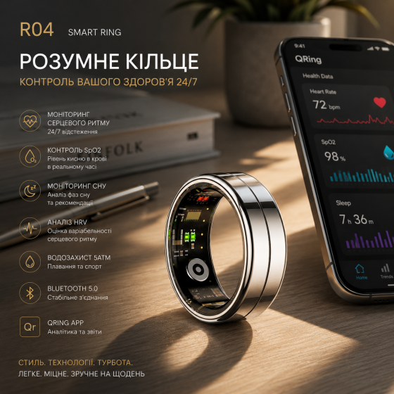 Розумне кільце R04 Smart Ring, моніторинг серцевого ритму, SpO2, сон, HRV, 5ATM, Bluetooth, QRing App Київ
