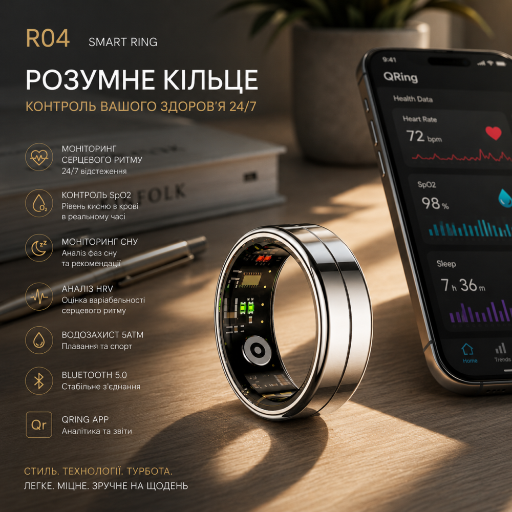 Розумне кільце R04 Smart Ring, моніторинг серцевого ритму, SpO2, сон, HRV, 5ATM, Bluetooth, QRing App Київ - фото 6