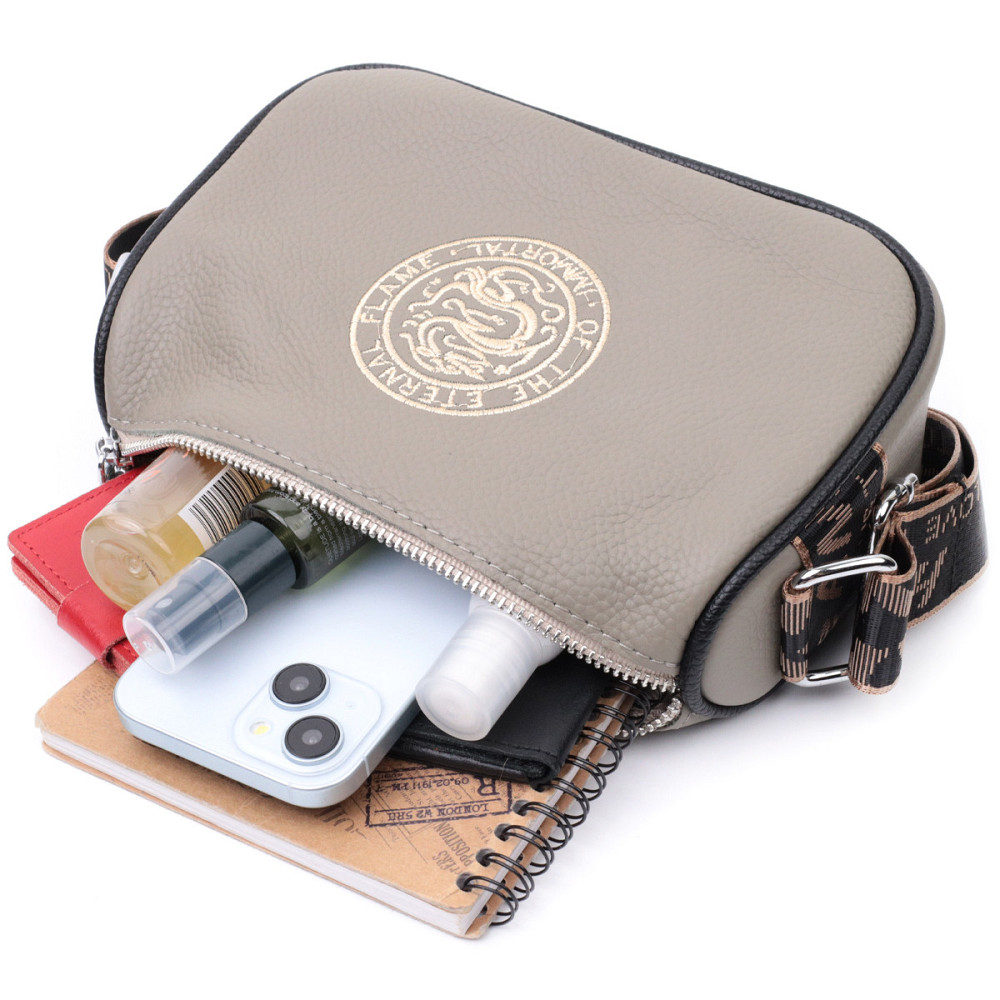 Красива жіноча сумка з вишивкою на лицьовій стороні з натуральної шкіри Vintage 22626 Сіра Київ - фото 10