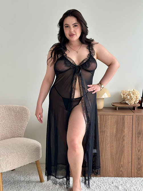 Еротичний пеньюар великих розмірів plus size прозорий з мереживом довгий з розрізом на бретелях з трусиками чорний 4XL Одеса - фото 8