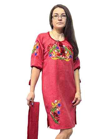 Женское вышитое платье с поясом с волшебными Маками в красном цвете Киев