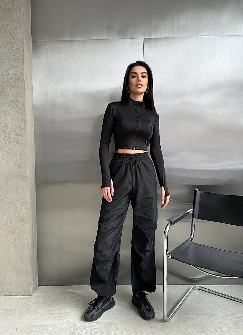 Женский прогулочный костюм двойка: кофта и штаны микродайвинг + плащевка Черный, 46/48 Одесса - изображение 1
