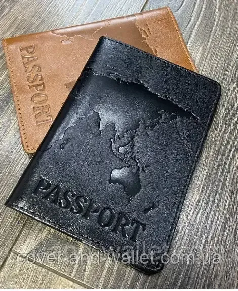 Обложка на паспорт карта мира из гладкой кожи в черном цвете ST Leather Киев - изображение 7