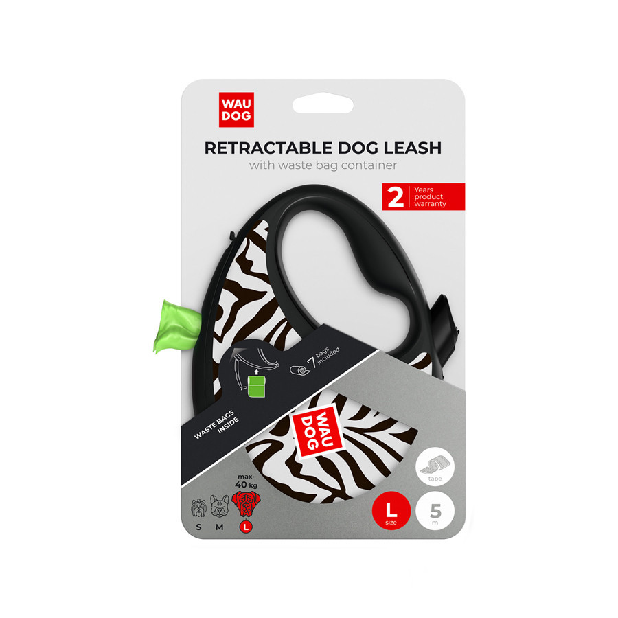 Повідець-рулетка для собак WAUDOG R-leash з контейнером для пакетів, малюнок "Зебра", світловідбивна стрічка, L, до 40 кг, 5 м Київ - фото 2