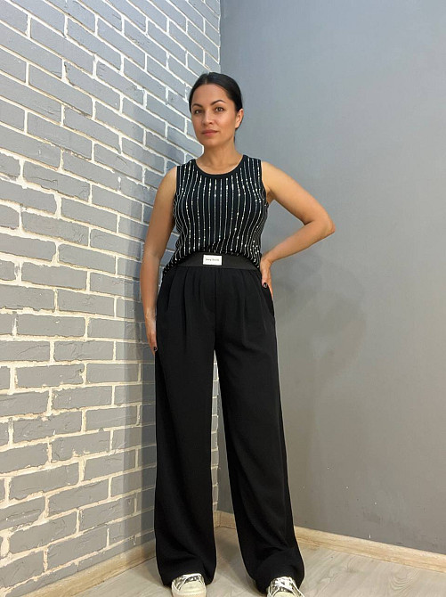 Брюки жіночі 0702 широкі прямі палаццо талія на резинці чорні, чорний, M Київ - фото 5