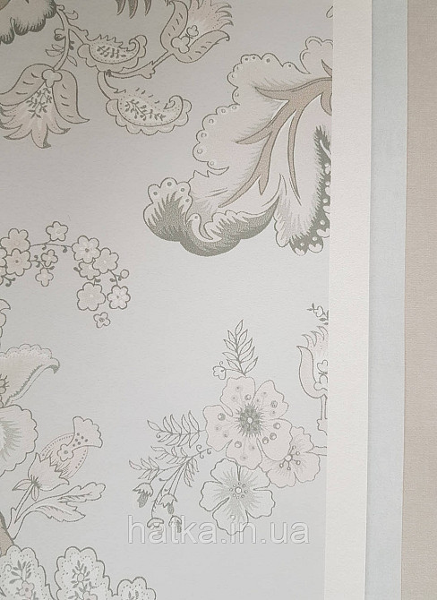 Шпалери флізелінові еко Rasch Sophia 0.53х10 рослинний принт квіти листя білі сірі рожеві на світло-сірому Київ - фото 3