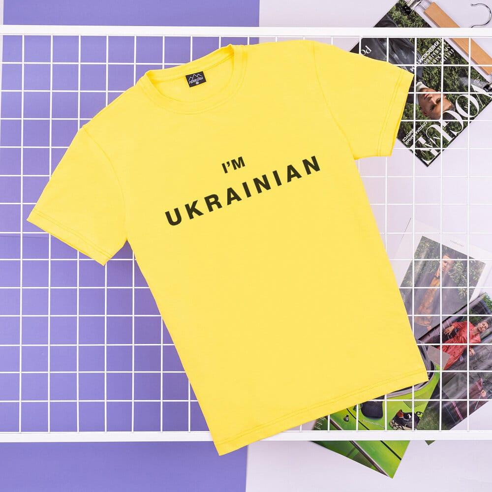 Футболка мужская однотонная жёлтая Pobedov Peremoga - I'M UKRAINIAN наклейка чорна Киев - изображение 1