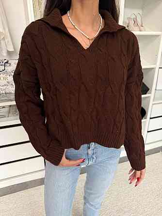 Женский теплый базовый свитер с воротником поло 50% коттон / 50% акрил Шоколад Одесса