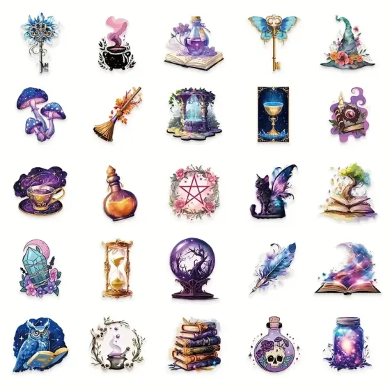 Набір наліпок “Магічний світ” – 50 шт. вінілові наклейки з відьмами, кристалами, чорними котами та зіллям Київ