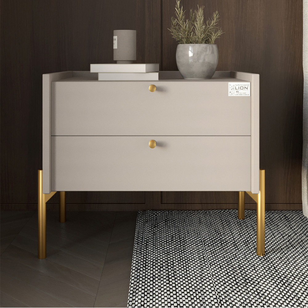Тумба приліжкова LION Wood з двома шухлядами Кашемір (золоті ножки) (LION-041355) ТОП Дніпро - фото 1