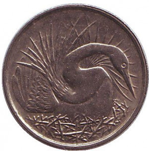 Большая белая цапля. Монета 5 центов. 1976,81 год, Сингапур.(БК) Полтава - изображение 1