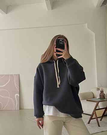 Жіноча стильна оверсайх худі турецька тринитка на флісі ПЕНЬЕ Графіт Одеса