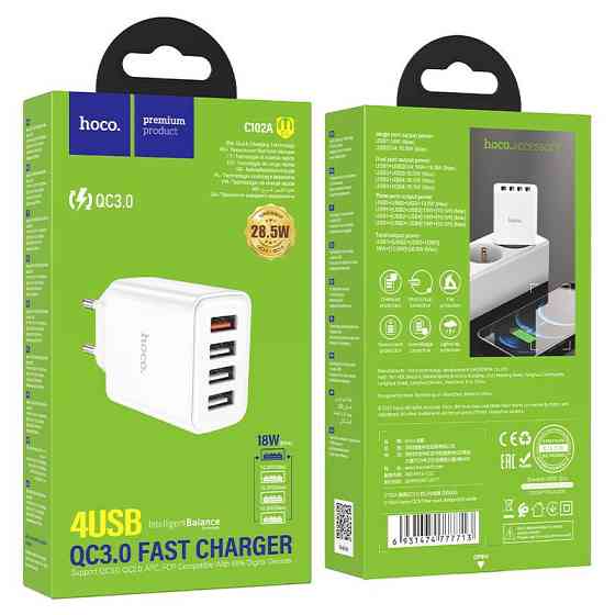 Мережевий зарядний пристрій HOCO C102A Fuerza QC3.0 four-port charger 18W White Київ