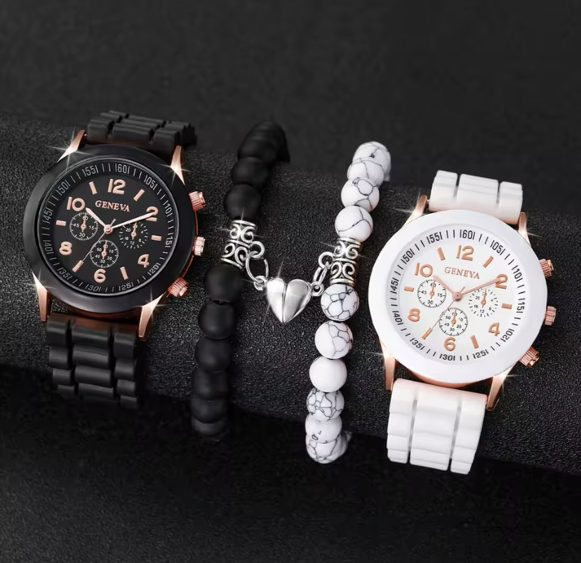 Подарочный набор для мужчин и женщин 2 парные часы с 2 браслетам серце черно-белый Киев - изображение 1